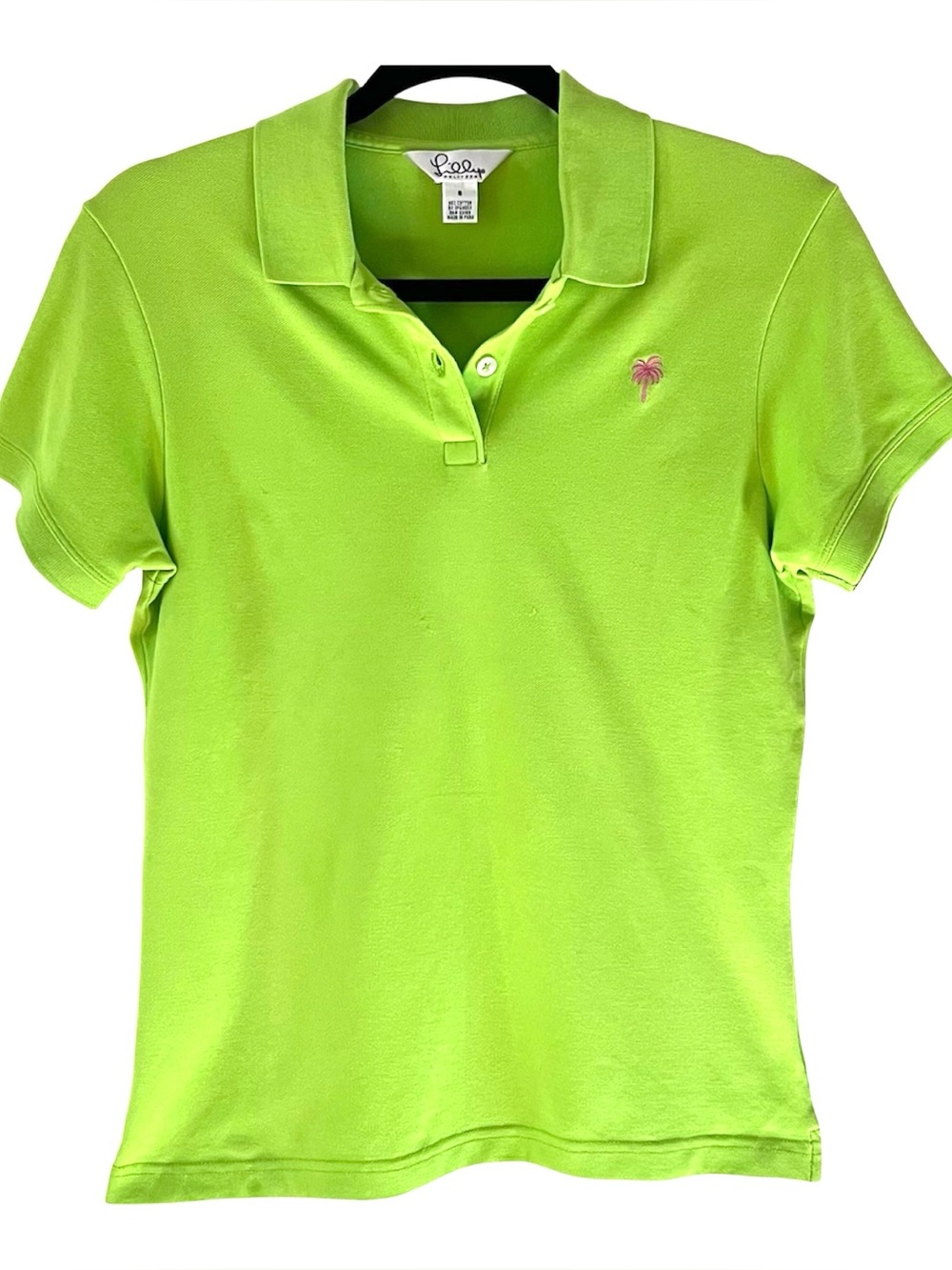 Lilly Pulitzer Island Polo Shirt Lime Green Pink Palm Size Small Collar NWOT